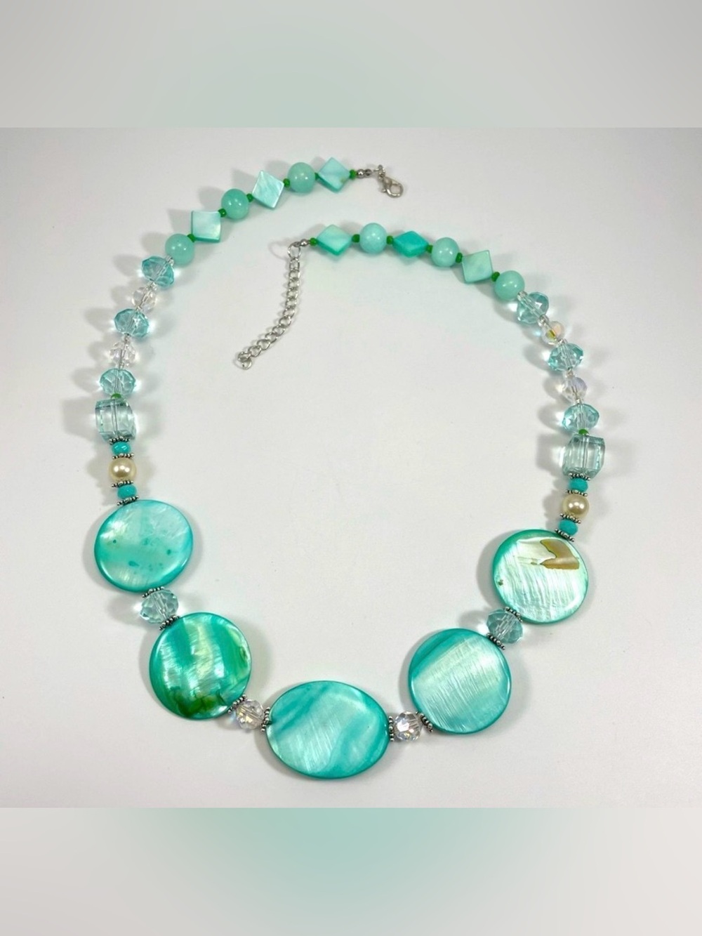 Artisan Made Handmade Turquoise Blue Mother of Pearl Disc Glass Beaded Necklace